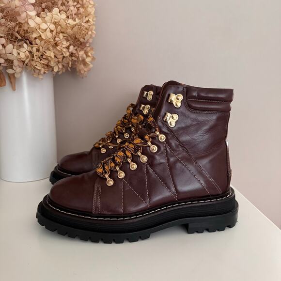 Sandro Elton Quilted Leather Combat Lace Up Ankle Boots Lug Sole Brown Size 37 7 - Picture 1 of 7